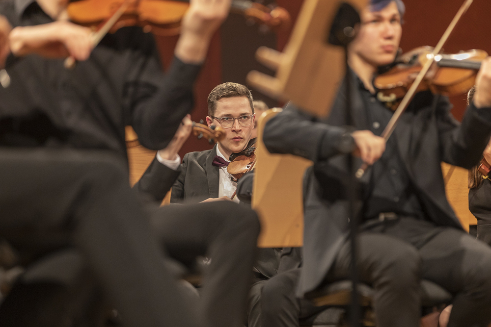 A close-up of a violinist