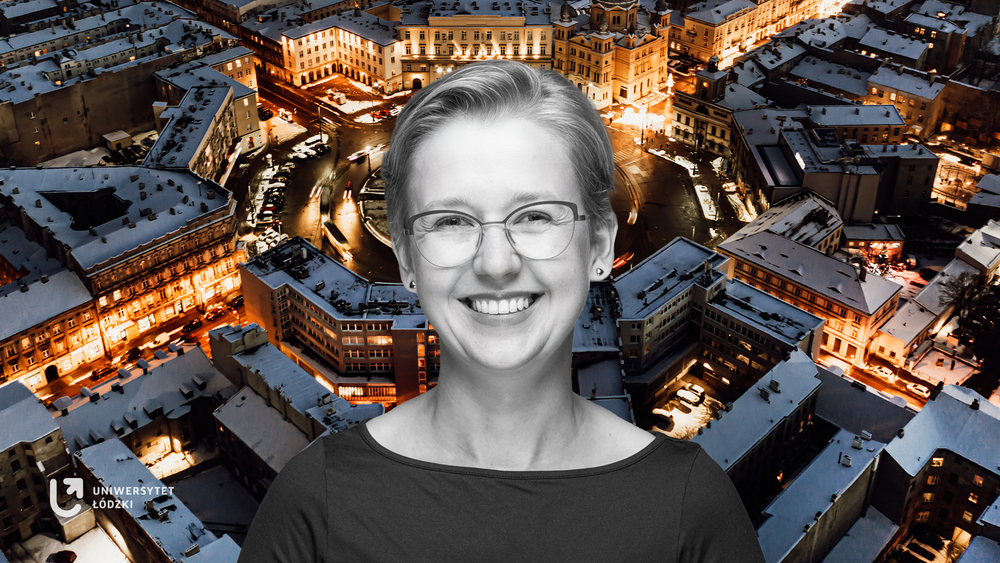 Dr Aleksandra Mroczek-Żulicka on the background of the Freedom Square in Lodz seen from a bird's eye view at night in winter weather with snow on the roofs of buildings