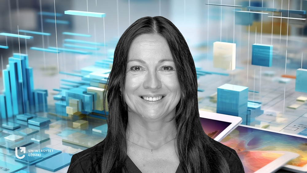 dr Anna Łaszkiewicz on a colorful background resembling bar charts