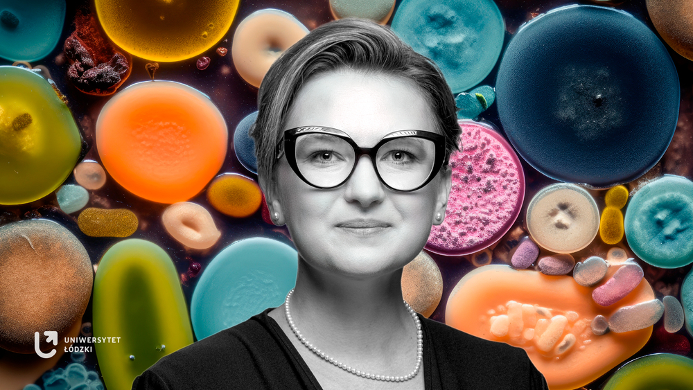 Dr. Karolina Rudnicka against the background of a colorful variety of microorganisms inside a petri dish. Background generated with artificial intelligence.